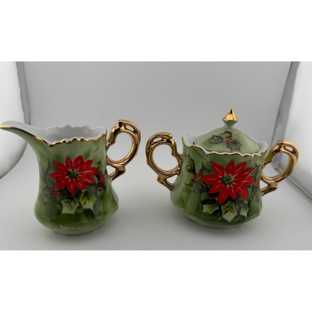 Lefton China Limited Edition‎ Hand Painted Poinsettia Sugar Bowl Creamer Set